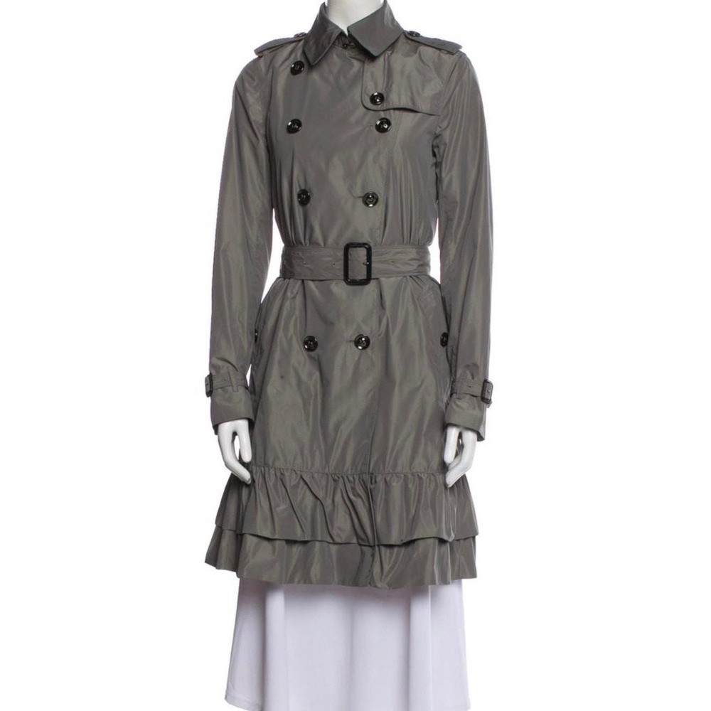 Burberry London Double Breasted Belted Gray Green Ruffled‎ Trench Coat Sz US 6